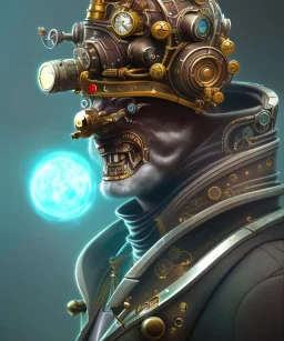 evil mechanical person with a steampunk theme, realistic