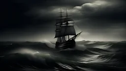 Capture the essence of stormy seas in a visually striking composition. Develop an artwork with the silhouette of a sailing ship navigating tumultuous waves under a brooding sky. Embrace modern minimalism with clean lines and subtle detailing to convey the power and drama of the open sea. Cleverly utilize negative space to complete the piece