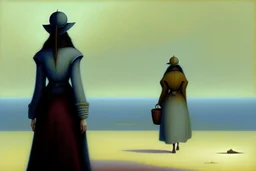 two women seen from behind walking side by side in an empty foggy plain, above there is blue sky by artist "Leonora Carrington",by artist "Christian Schloe",by artist "Kay Sage"