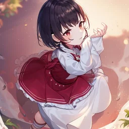 Clear focus, High resolution, Rough line, cute, cartoon style, white short hair, fluff cut, long locks, spiky hair, wearing a white long sleeve skirt, wearing a red skirt and a white line, red lines on shirt, puffy sleeves on the top, teenager, 1girl (solo)