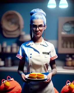 waitress woman with Sesame Street muppet big mask, concept art, retro style, smooth, unreal engine 5, god lights, ray tracing, RTX, lumen lighting, ultra detail, volumetric lighting, 3d.