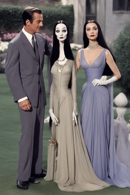 Morticia Addams glided by his side with graceful elegance. For unlike her family's usual severe aesthetics, today Morticia had chosen to clad herself in the whimsical styles of Christian Dior. She wore an ankle-length dress of silk chiffon in a muted watercolor print of lavenders, sea blues, and shadowed greys. The slim skirt and fitted bodice draped lovingly over her lithe figure. A halter neckline gently displayed her alabaster shoulders. A wide-brimmed hat of the same printed silk shaded her