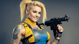 A happy modern Barbarella warrior with a machine gun covered by tattoos, 24-years-old her lean muscular frame wrapped in a yellow tactical bodysuit and a bullet proof vest over her bossom. Her blonde hair is pulled back in a tight ponytail, revealing blue eyes [vintage style noisy scratches glitches, Shot the texture and then rewound the film and double exposed from a 1970 B series movie] she stands on the balcony of the marble palace of a modern dictator, behind we see the beach and palm trees
