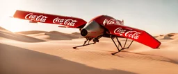 Coca-Cola Branded unmanned combat aerial vehicle, middle east Desert, cinematic, Fuji Film, Anamorphic lens, 2040s, deep depth of field, in a Cyber punk WW3 film, Like Fallout 4