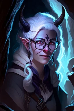 A Dnd Tiefling with a long tail and small horns in a dark cave. A female archeologist with white hair, wearing glasses, in adventurer's clothes. Cunning, beautiful, cool.