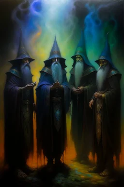 1970's dark fantasy cover dnd style oil painting of an holographic medieval hobo group casting a spell in the mist with minimalist far perspective in an abstract pattern background.