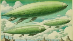 A mint colored fleet of airships in the sky painted by Hashimoto Gahō