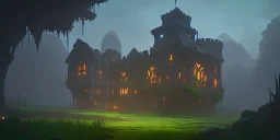 Ruined overgrown small castle in a dense forest, dynamic lighting, night