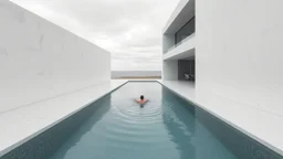 Contemporary house with pure lines and a longitudinal pool integrated into the living space, water as central axis reflecting gray sky, large white concrete walls defining absolute privacy, a person swimming slowly creating minimal ripples, soft exterior wind, hyperreal render style like Álvaro Siza + Scandinavian photography.