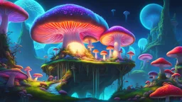"A whimsical, colorful world with floating islands connected by a web of glowing mushroom roots, oversized mushrooms, fantastical creatures, vibrant colors, soft shading, in the style of Studio Ghibli, 8k, highly detailed."