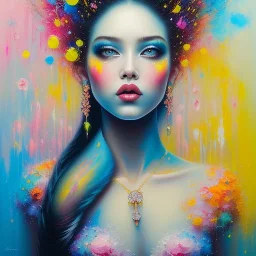 iv_a painting of a young woman, figurative art, an acrylic detailed painting, , brush strokes, paint drips and drabs and splatters by Harumi Hironaka, turquoise pink and yellow, james terrell art, trending on artstation, soft lines,intricate art by bastien lecouffe deharme and greg rutkowski