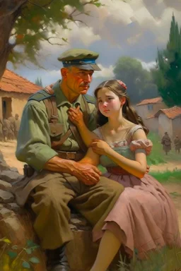 Oil painting of a soldier who fell in love with a very beautiful village girl