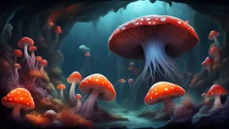 animals creatures, jellyshroom cave, plants from subanautica from deep sea, leviathan's a lot of sea plants very deep, beautiful, river of magma,