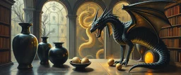 master oil painting by Escher and Giger, glaring vases and black humanoid reflective dragon and hidden golden dragon inside library, cryptic eggs