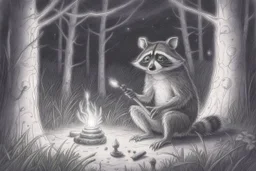 At dusk curious raccoons explores the forest. Tiptoeing into human campsites, intrigued by human artifacts they found.- Pencil drawing, realistic, graphite