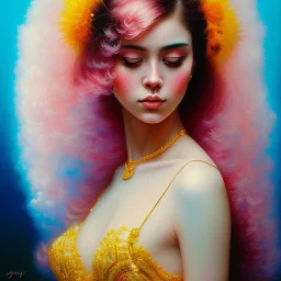 iv_a painting of a young woman, figurative art, an acrylic detailed painting,art style by Harumi Hironaka, turquoise pink and yellow, james terrell art, trending on artstation, soft lines,intricate art by bastien lecouffe deharme and greg rutkowski