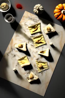 Cooking photo of Raviolis with truffle and pumpkin flying, olive oil, moisture, art, natural, ornaments, ceramic, marble, high kitchen, smooth, god rays, unreal engine 5, ray tracing, RTX, lumen lighting, ultra detail, volumetric lighting, 3d.