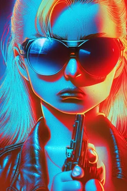 Photo of a beautiful blonde female Terminator, with dark sun glasses, bright red eye, holding a gun upwards, up close, Hollywood movie poster vibes, blue light night time, high contrast dark moody lighting.