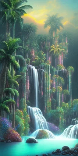 Triipy rainbow turquoise neon waterfall with palm trees sparkling at night in a cave detailed realistic glowing