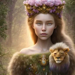 Young beautiful girl wearing floral crown with a stunning lion on nature forest path, Chronicles of Narnia, 8k resolution, high-quality, fine-detail, iridescent, intricate, digital art, detailed matte, volumetric lighting, beautiful, illustration, 3D octane render, brian froud, howard lyon, selina french, anna dittmann, annie stokes, lisa parker, greg rutowski,