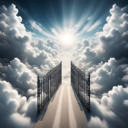 Hyper Realistic Aerial View Of Heaven's Road On Heaven's Sky & Heaven's Huge-Wide Fancy Full Open Gate With White Clouds At Cloudy-Day Environment Showing Dramatic & Cinematic Ambiance.