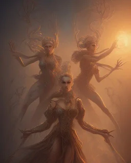 Phorcides (the three blind witches), Greek mythology, passing the one eyeball between them, 8k resolution concept art, dynamic lighting, intricately detailed, hyperdetailed, beautiful, ethereal, golden hour, (extra eyes), gothic, creepy, unsettling, disfigured