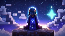 Minecraft Character, minecraft theme, purple starry sky, meditating, aesthetic, facing back, wearing gown, chinese theme