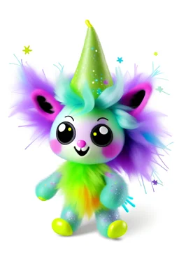 vibrant and energetic creature. pastel purple skin with glitter and iridescent patterns, large neon green and pink eyes, multiple pairs of party hat-shaped antennae. fluffy rainbow tutu, leggings with star balloon patterns, glittery,They also have holographic wings with smiling suns, rainbows, and cute animal stickers