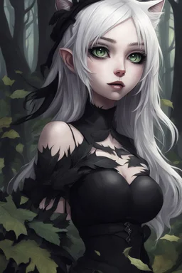 CAT GIRL, goth, forest, nature, cartoon, leaves, half black half white hair, boobs, portrait