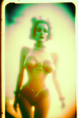 steampunk, vintage analog polaroid of a woman robot, female body, fog, lomography, heavy film grain, sun, color bleed, depth of field, bokeh, retro