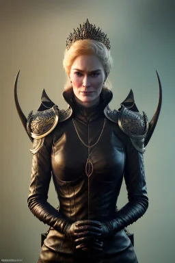 Cersei Lannister as evil queen in black leather, busty, cleavage, curvy, lena headay, angry, stern look. character design by cory loftis, fenghua zhong, ryohei hase, ismail inceoglu and ruan jia. unreal engine 5, artistic lighting, highly detailed, photorealistic, fantasy