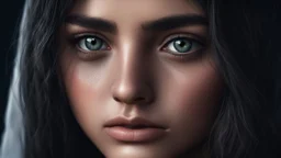 Hyper Realistic closeup-face-view of a Sad-Young-Beautiful-Pashto-Woman-with-beautiful-eyes-with-tears-&-long-black-hair at dark night