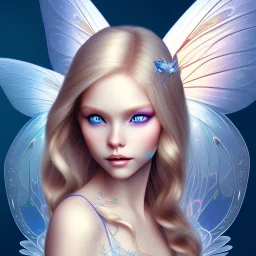 tres belle fairy souriante avec de magnifiques ailes et des cheveux longs blonds,yeux bleus