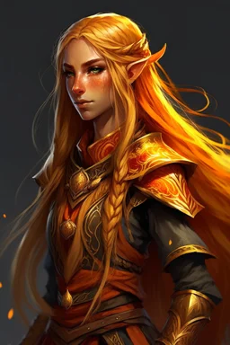 Female paladin Druid. Made from fire. Golden long hair, half braids half down