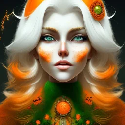 fantasy setting, woman, orange and white hair, wavy hair, freckles, ranger, more orange hair, more white hair, green eyes, more white hair, more white hair