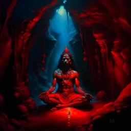 An oil painting of Hindu god YAMA in a cave, neon red colors, high detail, dark vibe