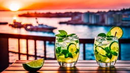 Two glasses of a mohito coctail beverage with lime are on a dining table on the balcony, overlooking a beautiful sea waterfront view. sunset, warm lights, harmonic calm mood, highly detailed, high contrast, perfect lights, masterpiece