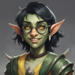 dnd, portrait of cute young orc-elf hybrid femboy, black hair, short hair, curled hair, hair covering one eye, emo hair, round glasses, tusks, sharp teeth, yellow eyes, flat chest, mage, magic, nose ring, pierced ears, twink, smile, sharp teeth, green skin, round face, small nose, shy