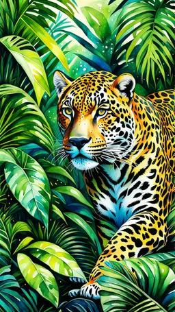 Jaguar en la selva arte acuarela colores contrastantes calidad ultra hiperdetallado maximalista 16k