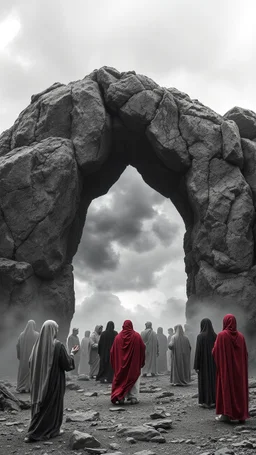 A depressing image thought is of pattera in Jordan sad and emotional thought-provoking image of A rocky portal the world of gray. Several people standing in the color world begging those in the gray All the people in the gray world are shades of grayscale. The 10 people in the gray are all sad and depressed several crying and weeping. Those beyond the portal in the color world are living and joyful.a stormy wether in the. Background