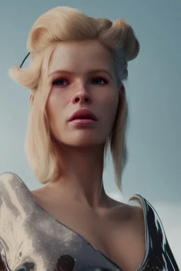 Ultra Realistic retro sci-fi scene, waist up view portrait, blonde woman, sweet young Claudia Schiffer face, perfect iris, glow eyes, makeup. Saturn background, Retro sci-fi style, helmet, tight latex coat, fog, rain, soft color, highly detailed, unreal engine 5, ray tracing, RTX, lumen lighting, ultra detail, volumetric lighting, 3d, finely drawn, high definition, high resolution.