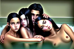 digital art of beautiful young black hair teenage girls with dad in the bedroom in a bathtub with grandpa hugging bare lips