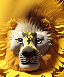 wide angle shot of the sunflower lion king, yellow armor with emissive energy flowing in the chest, mystical geometric patterned textures, intricate, highly detailed