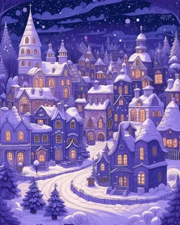 A violet Christmas themed town with falling snowflakes in Baroque art style
