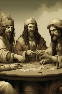 Jesus and some pirates friends smoking and playing cards, davinci.