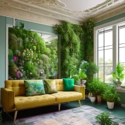 Architectural Digest photo of a maximalist green {vaporwave/steampunk/solarpunk} living room with lots of flowers and plants, golden light, hyperrealistic surrealism, award winning masterpiece with incredible details, epic stunning