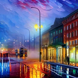 An impressionist oil painting, downtown city in rain ,water,loose brushstrokes, broken colors, complementary colors,super detailed, oil painting, heavy strokes, paint dripping, painted, intricate, volumetric lighting, beautiful, rich deep colors masterpiece, sharp focus, ultra detailed, in the style of dan mumford and marc simonetti, astrophotography.