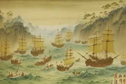 A yellowish white bay with pirate ships in a rainstorm painted by Qiu Ying