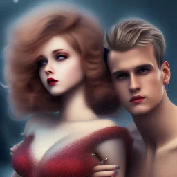 Aaron Carter with sexy Clara Bow, stormy seas, two people, Aaron Carter, romance, romantic, water, swimming, DAZ3D, by Michael Turner, soft lips, cinematic lighting, studio lighting, shine, 4K, fantastic view, girls at beach with her.