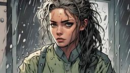 Young woman in prison fatigues that are soaked, hair also soaked in the marvel comic style